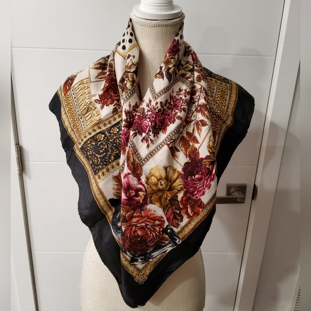 MaxMara Floral Silk Scarf in Black and Gold